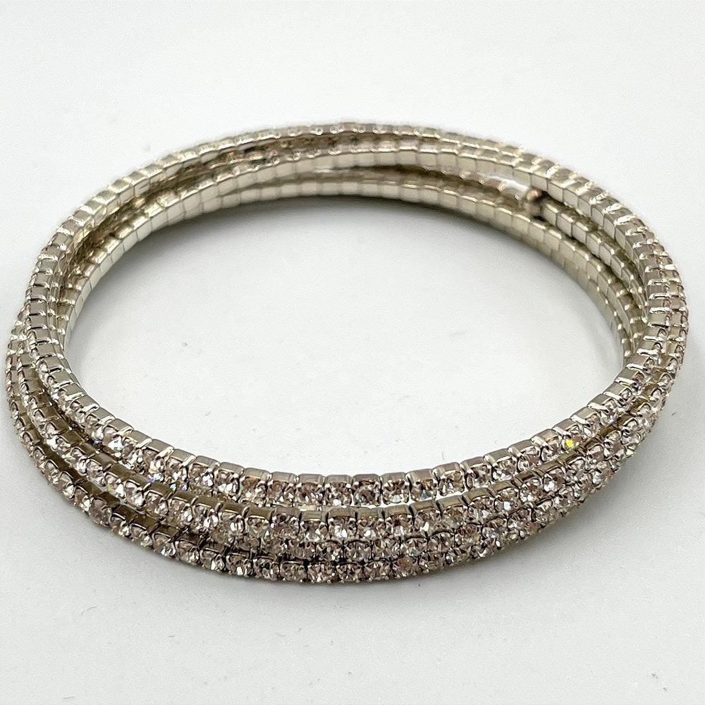 Vintage Y2K Silver Tone Rhinestone Wrap Bangle Bracelets Set of 2 Sparkly‎
